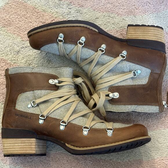 Merrell Brown Taupe Shiloh II Warm Lace-Up Ankle Boot Leather Wool Heritage Hike - Picture 5 of 10